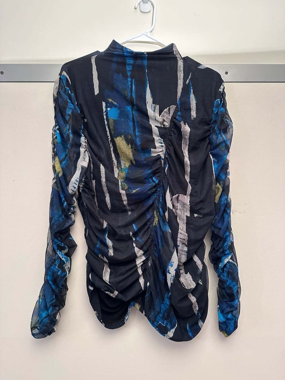 DKNY Mesh Ruched Top Size XL Blue Print Long Sleeve Mock